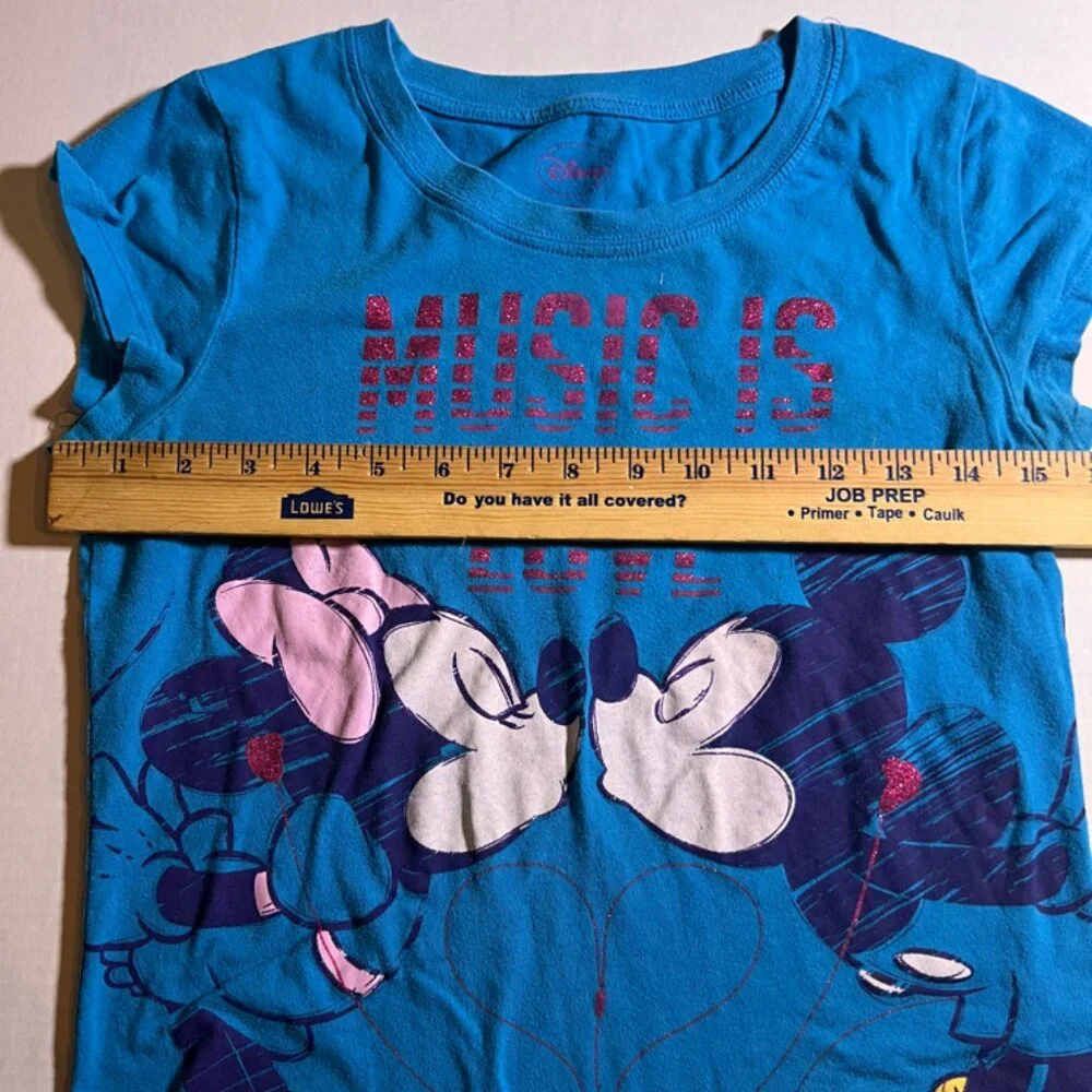 Disney Girls XL 14/16 Blue‎ Pink Minnie Mickey Mouse Music is Love Heart T-Shirt